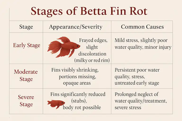 Betta Fish Fin Rot-Symptoms, Causes, and Treatment 3 infographics-stages of betta fin rot
