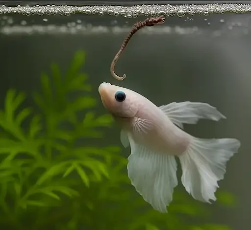 white snowy betta eating earthworm
