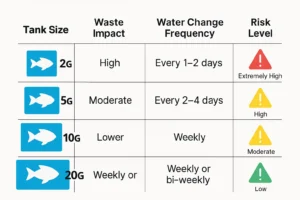 tank sizes vs waste impact and water change frequency