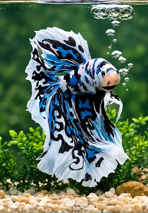 Betta Fish Lifespan: How Long Do Betta Fish Live? 4 Blue, white and black marble betta fish with flowing fins swimming in a planted aquarium.