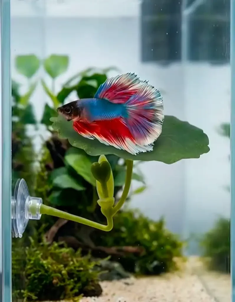 Best Betta Fish Hammock: Top Picks for Your Betta 8 Blue and red betta fish resting on a leaf hammock in a planted tank