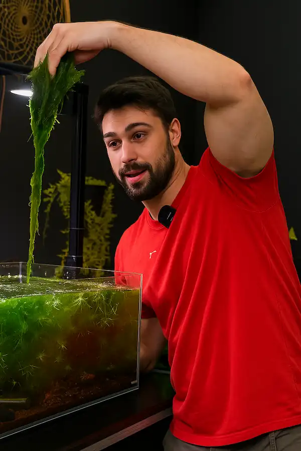 a man holding green algae out of betta tank