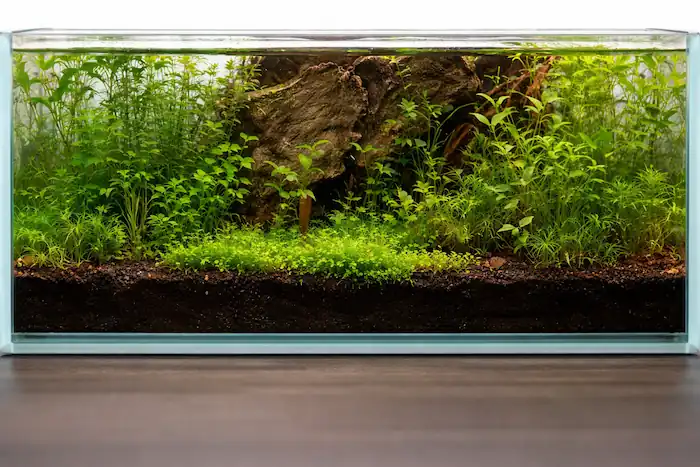 Planted aquarium with aquatic plant substrate, lush green plants, and natural aquascape in a glass fish tank