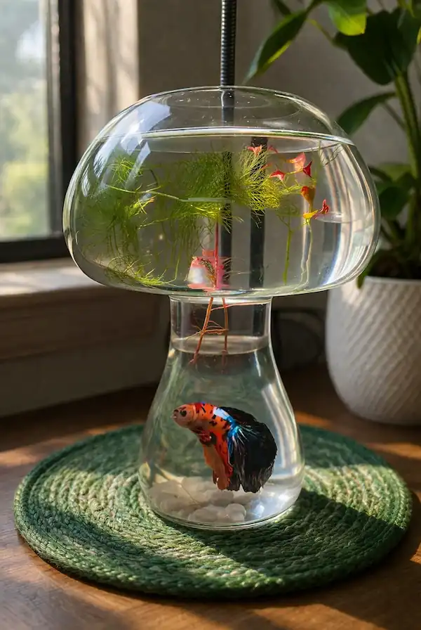 Betta fish swimming in a decorative glass bowl aquarium with aquatic plants in natural light