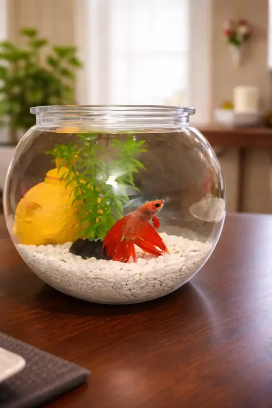 red betta fish in glass bowl with plant and white gravel on table