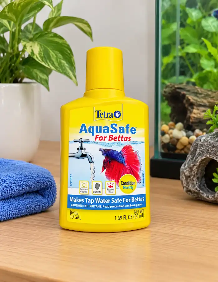 Tetra AquaSafe for Bettas water conditioner bottle beside a planted betta aquarium and fishkeeping supplies